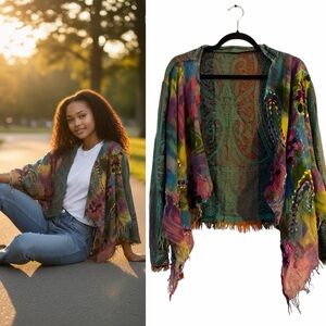 ANU By Natural Women’s Bohemian Tapestry Wool Shawl/ Shrug Cardigan Large XL